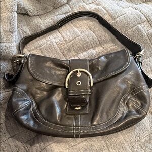 Coach Black Leather Shoulder Bag with Silver Accents